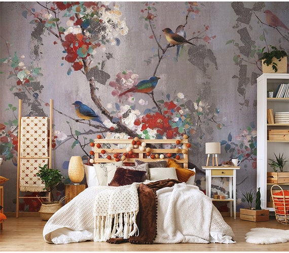 Fleurs de peinture à l'huile et oiseaux Floral Wallpaper Wall Mural,  Abstract Shabby Retro Cherry Branches with Resting Birds Wall Mural Wall  Decor -  France