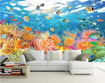 Cartoon Undersea World Coral Reef Fish Shoal Seaview Kids' Room Nursery Wallpaper Mural