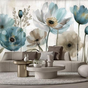 Pintura al óleo Flores Papel pintado floral Mural de pared, Retro Vintage Flores Dormitorio Sala de estar Mural de pared Decoración de pared