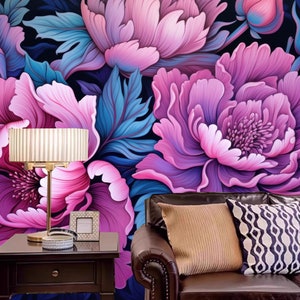 Fuchsia Peonies Flowers Wallpaper, Oil Painting Floral Wall Mural Wall Decor