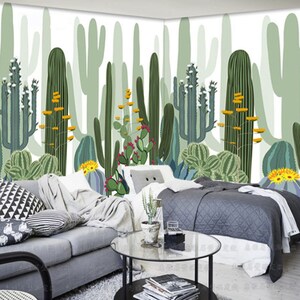 Acuarela nórdica Verde Cactus Papel pintado Mural Decoración de pared