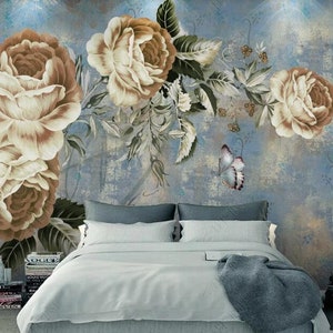 Vintage Shabby Roses Floral Wallpaper Wall Mural, Big Size Giant Roses Floral Wall Mural Wall Decor