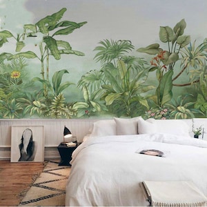 Hand Painted Oil Painting Tropical Plants Wallpaper Wall Mural, Rainforest Trees Plants Wall mural, High Quality Scenic Jungle Wall Mural