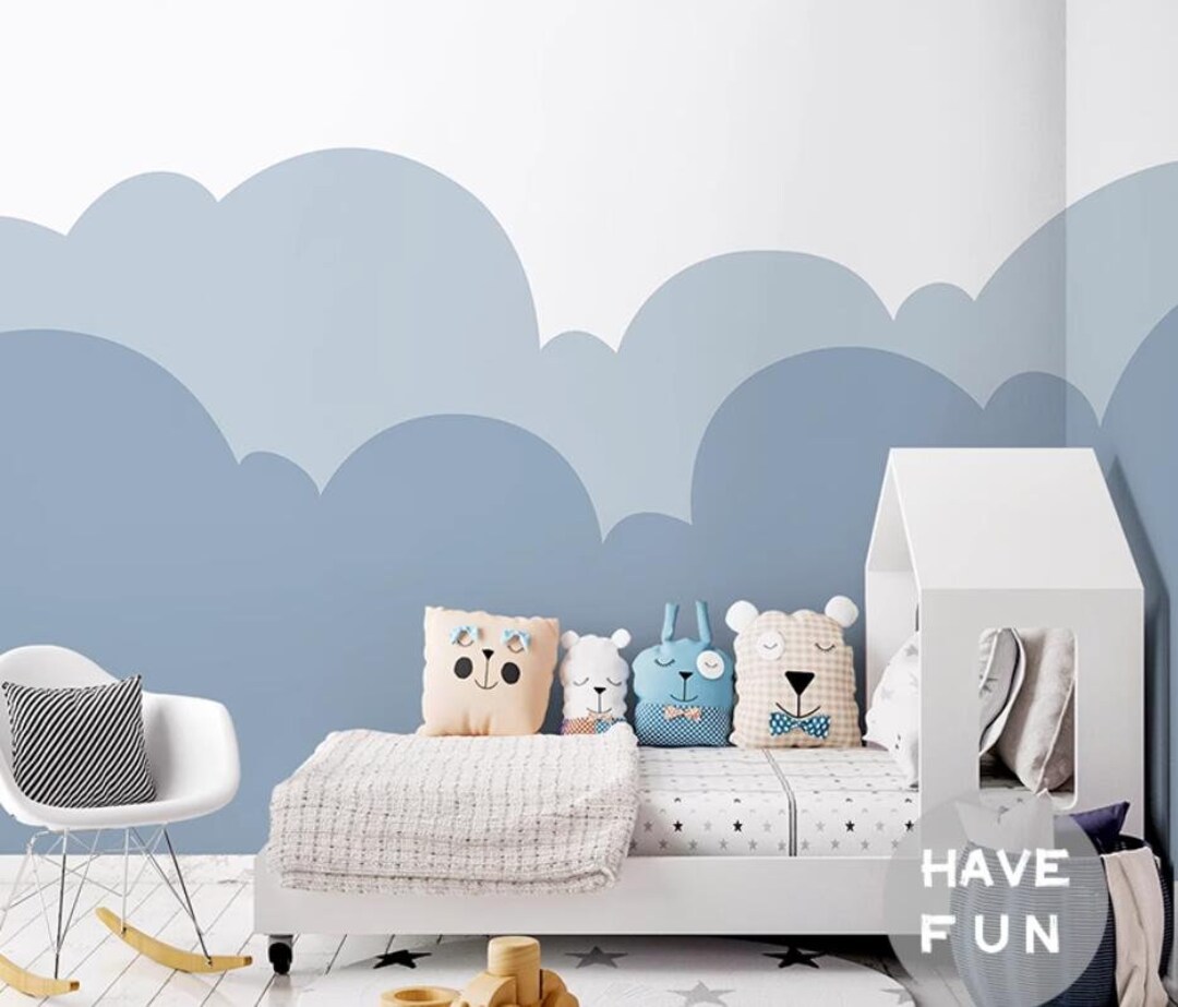 Cartoon Blue Clouds Nursery Wallpaper Wall Mural Blue Cloud Etsy
