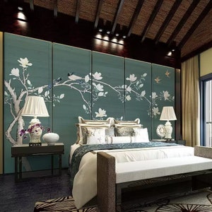 Chinoiserie Magnolia Branch Wallpaper, Delicate Magnolia Flowers Wall Mural