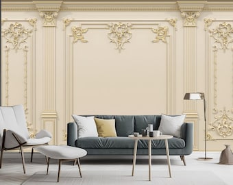 Floral Frame Wallpaper Mural: Classic White Gold Plaster 3D Wall Decor