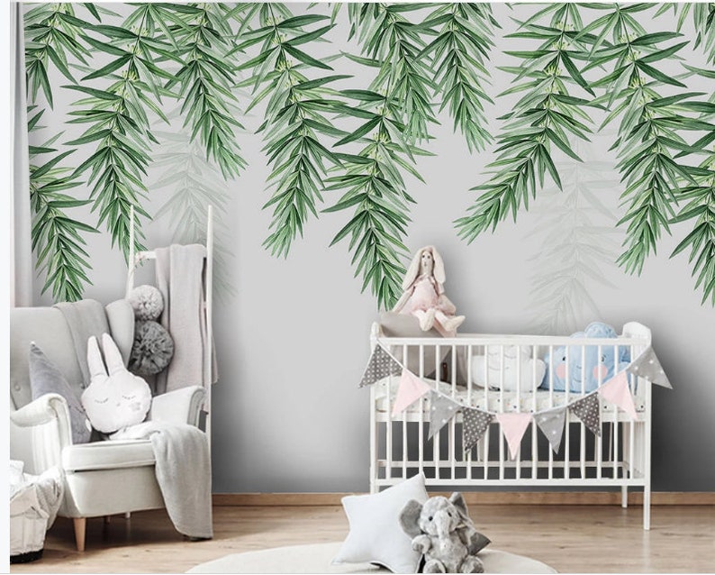 Hanging Fresh Green Leaves Wallpaper Wall Mural Beautiful Etsy