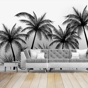 Sketch Black and White Coconut Trees Wallpaper Wall Mural, Tropical Coconut Trees Simple Modern Wall Mural, Several Coconut Trees Wall Mural