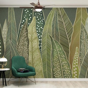 Dark Botanical Fridge Wrap, Green Plants Door Mural, Retro