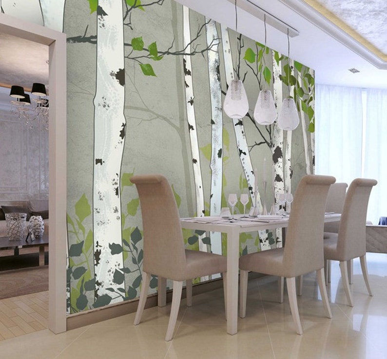 Oil Painting Abstract Birch Trees Wallpaper Wall Mural Hand Painted Design Birch Wall Mural Birch with Green Leaves Birch Wall Mural Decor