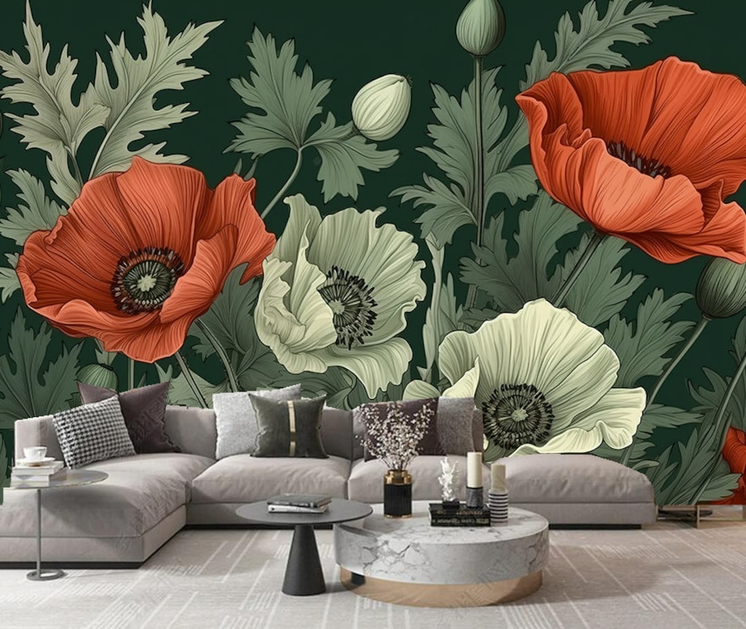 Watercolor Poppy Flowers Wallpaper Mural: Vibrant Floral Wall Decor - Etsy