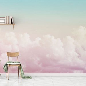 Hand Painted Abstract Pink Clouds Wallpaper Wall Mural, Pink Clouds with Blue Sky Wall Mural, Creative Cloudy Wall Mural Wall Decor