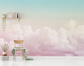 Hand Painted Abstract Pink Clouds Wallpaper Wall Mural, Pink Clouds with Blue Sky Wall Mural, Creative Cloudy Wall Mural Wall Decor