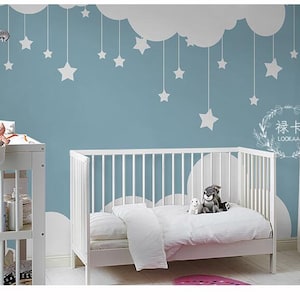 Lovely Simple Kids Nursery Clouds Wallpaper Wall Mural, Two Lovely Clouds with Hanging Stars Kids Children Boy Girl Wall Mural