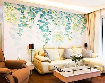 Hanging Ice Green Blue Leaves Wallpaper Wall Mural, Fresh Vine Branch Watercolor Wallpaper Wall Murals, Bedroom Living Room Wallpaper