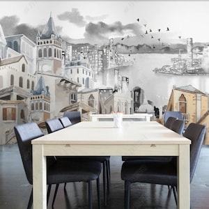 Abstract City Architectures Wallpaper Wall Mural, Retro Nostalgia Abstract Buildings Wood Color Wall Mural Wall Decor