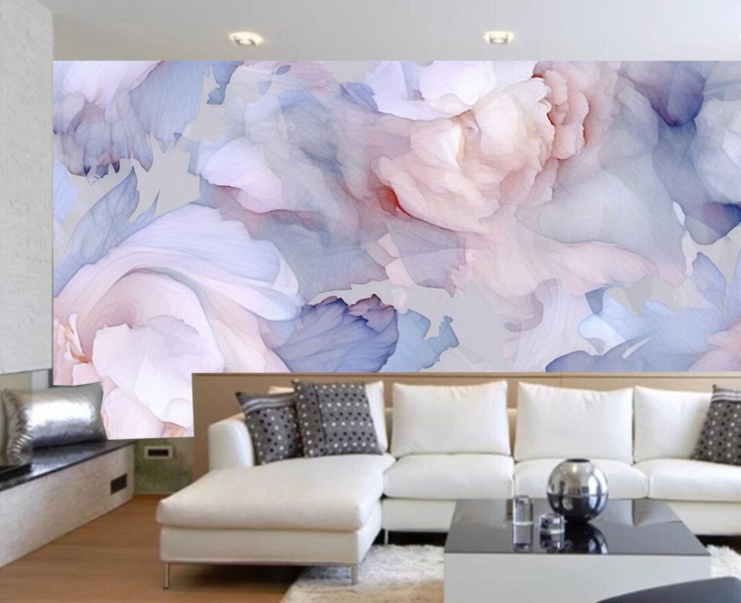 Watercolor Floral Wall Mural: Blue and Pink Abstract Flowers Wallpaper ...