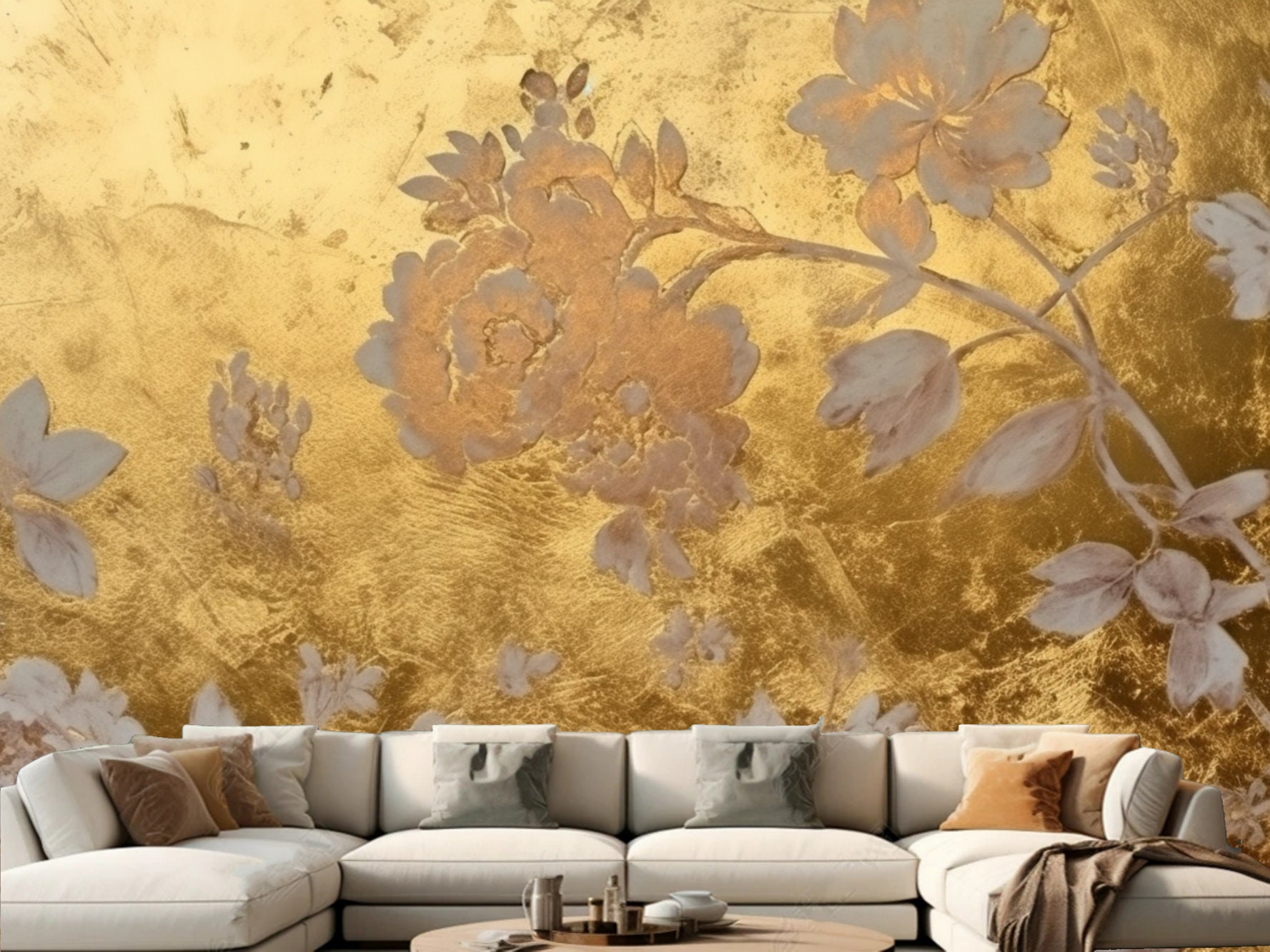 Golden Floral Wallpaper Mural: Abstract Bedroom Wall Decor - Etsy