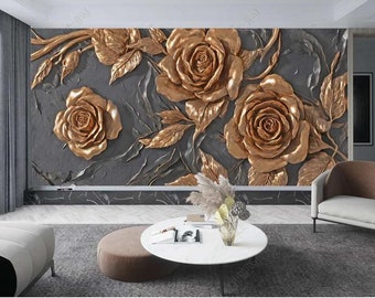 3D Golden Roses Floral Wallpaper, Bedroom Living Room Roses Wall Mural Wall Decor