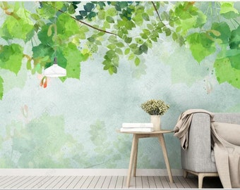 Watercolor Green Leaves Wall Mural: Fresh Botanical Wallpaper