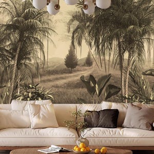 Carta da parati vintage retrò con alberi e piante tropicali, murales con paesaggio di palme tropicali dipinto a olio, stacca e attacca, carta non tessuta