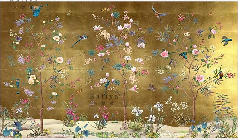 Chinoiserie Cherry Vine Wallpaper Wall Mural, Flowers and Birds Chinoiserie Wall Mural Wall Decor image 3