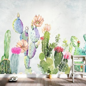 Carta da parati murale con piante tropicali di cactus dell'acquerello