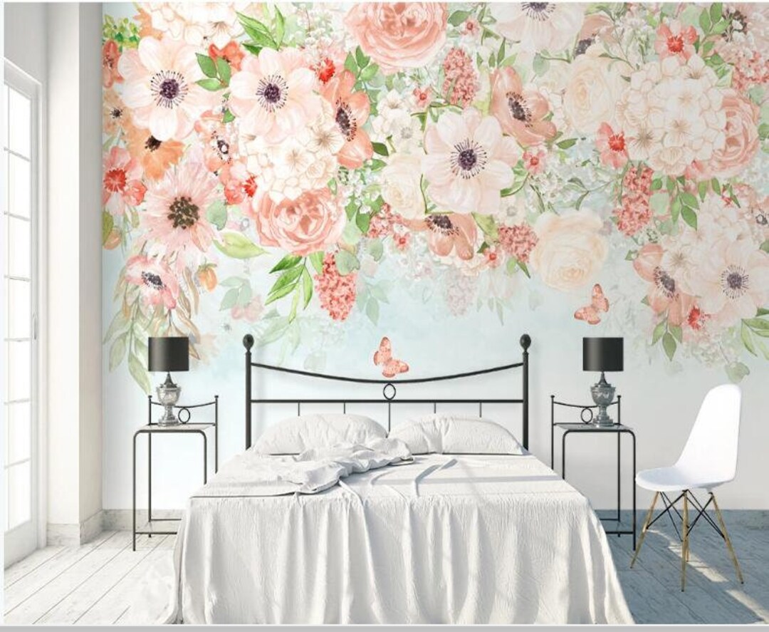 Watercolor Pink Floral Wallpaper Mural: Nursery Wall Decor - Etsy UK