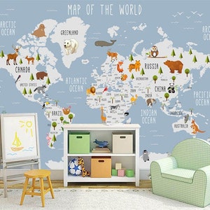 Kids World Map Wallpaper Wall Murals, Animals Kids Children Wall Stickers Wall Decals, Cartoon World Map Nursery Kids Bedroom Wall Decor