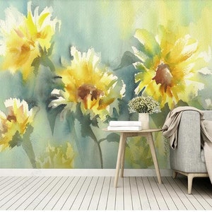 Oil Painting Sunflowers Floral Wallpaper Wall Mural, Abstract Yellow Sunflowers Wall Mural