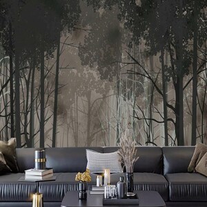 Papier peint gris arbres de la forêt, papier peint forêt d'arbres nus pour décoration murale chambre salon
