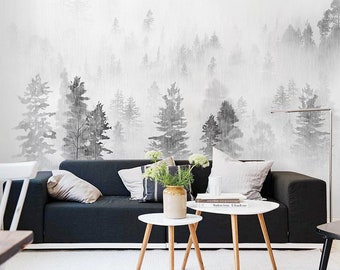 Abstract Ink Forest Wallpaper Mural: Scenic Mountain Landscape Wall Decor
