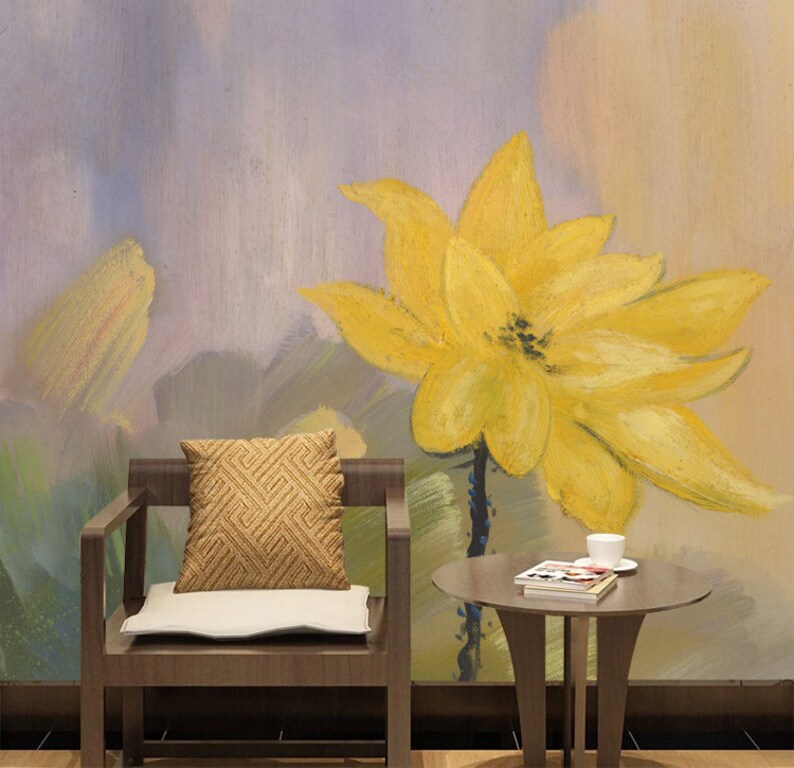 High Quality One Large Yellow Simple Lotus Wallpaper Wall Mural Oil Painting Hand Painting Yellow Lotus Floral Wallpaper Wall Mural