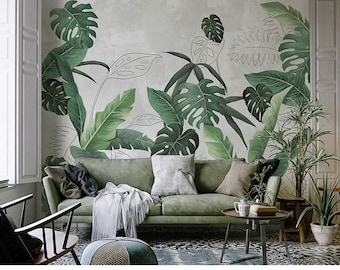 Tropical Rainforest Plant Wall Mural: Green Leaves Wallpaper