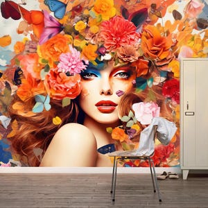 Hairdresser Wall Mural, Beautiful Woman Floral Wallpaper for Hair Salon, Beauty Center, Make Up Shops, Spa Salon Woman Wallpaper Wall Mural