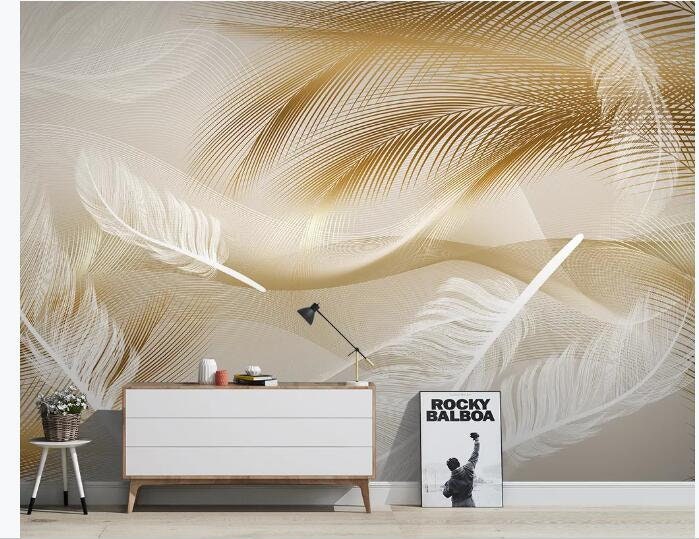 Creative Golden And White Feathers Wallpaper Wall Mural Etsy Uk