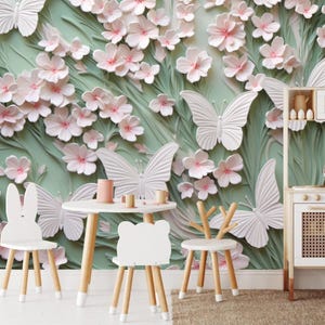 Butterflies Pattern Flower Art Wallpaper, 3D Flowers and Butterflies Wall Mural, Kids Room Girl Room Flowers Wall Decor