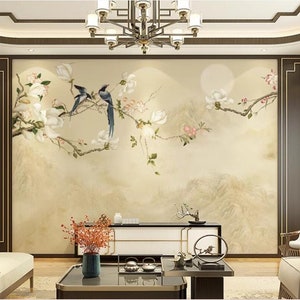 Chinoiserie  Magnolia Blossom Branch Wallpaper, Chinoiserie Magnolia Flowers Wall Mural Wall Decor