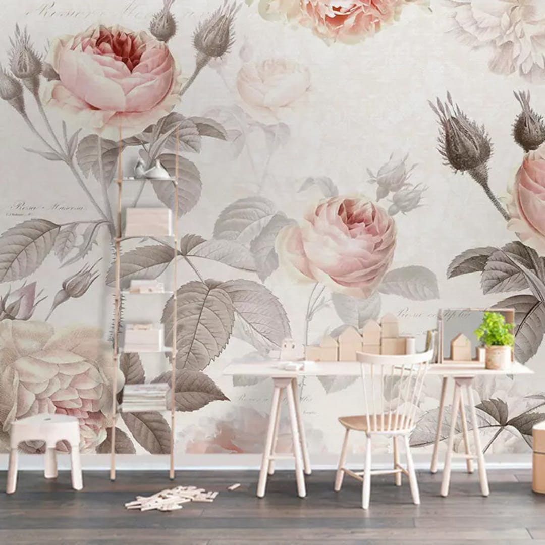 Hand Painted Floral Wallpaper Mural: Retro Shabby Roses - Etsy
