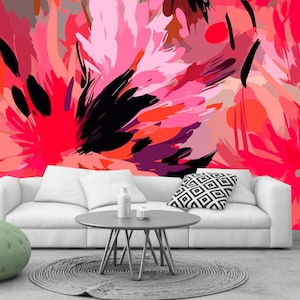 Colorful Painted Pink and Red Flowers Wallpaper, Cute Colorful Artistic Flowers Mural, Modern Botanical Flowers Floral Wall Decor