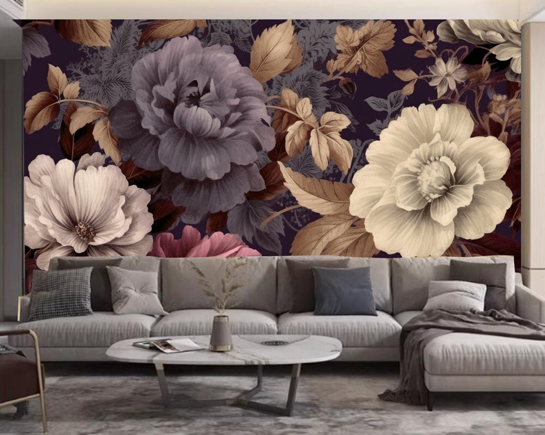 Vintage Dark Floral Wallpaper Mural: Peel and Stick Wall Decor - Etsy