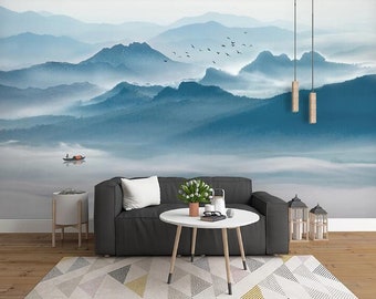 Ink Blue Abstract Mountain Wallpaper Mural: Modern Wall Decor