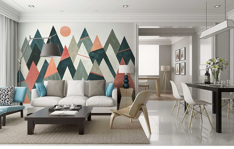 Geometric Mountains with Sun Geometric Wallpaper Wall Mural Modern Simple Design with Lines Space Triangle Geometric Wall Mural Wall Decor