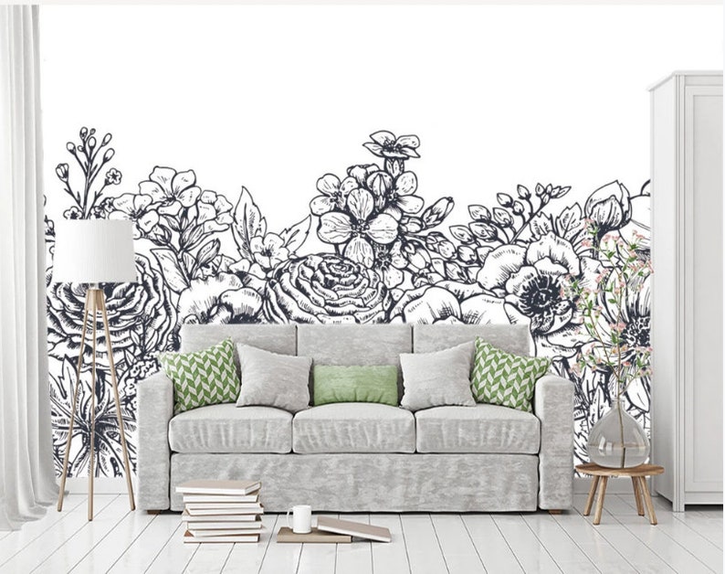 Sketch Black and White Floral Flowers Wallpaper Wall Mural Etsy