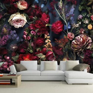 花の油絵壁紙壁画：咲き誇る花の庭の装飾