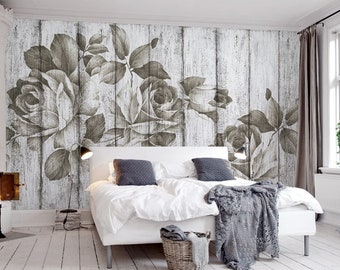Vintage Roses Sketch Wallpaper Mural: Retro Wood Wall Decor