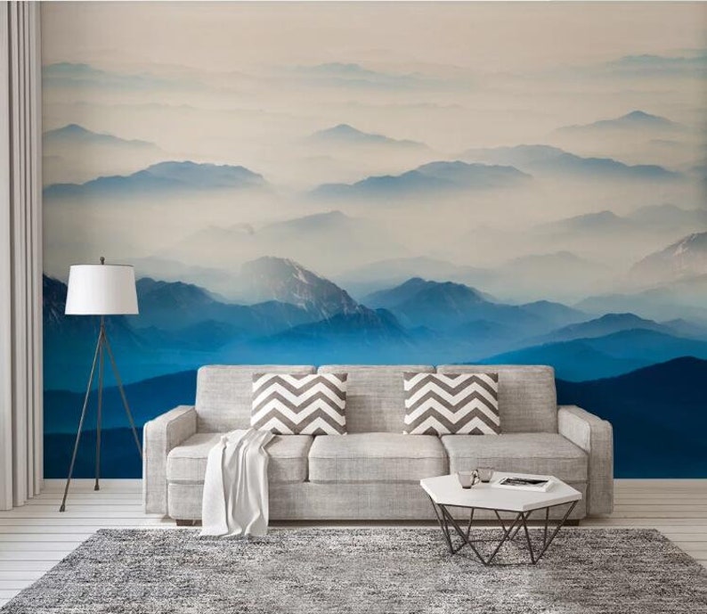 Abstract Blue Mountains Wallpaper Wall Mural Misty Foggy Ink | Etsy