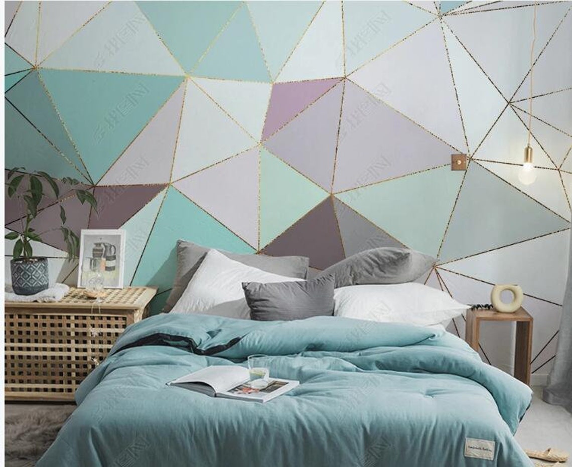 Green Geometric Wallpaper Wall Mural Irregular Geometric Wall Etsy