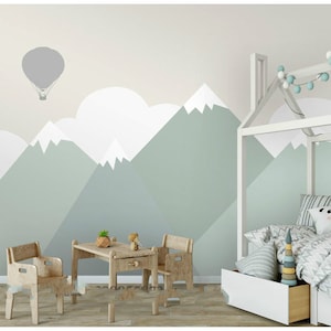 Dipinto a mano verde geometrico asilo nido bambini carta da parati murale murale, geometrico montagna bambino bambini camera parete murale decoro murale