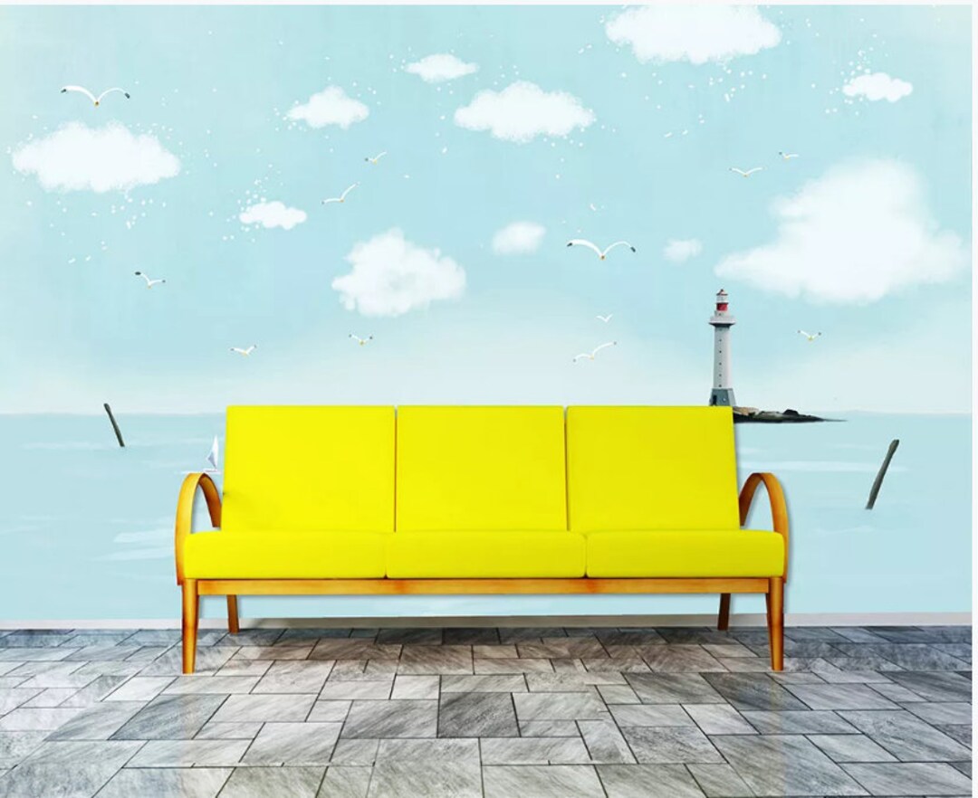 Blue Sky Blue Sea Kids Nursery Clouds Wallpaper Wall Mural, Cartoon ...